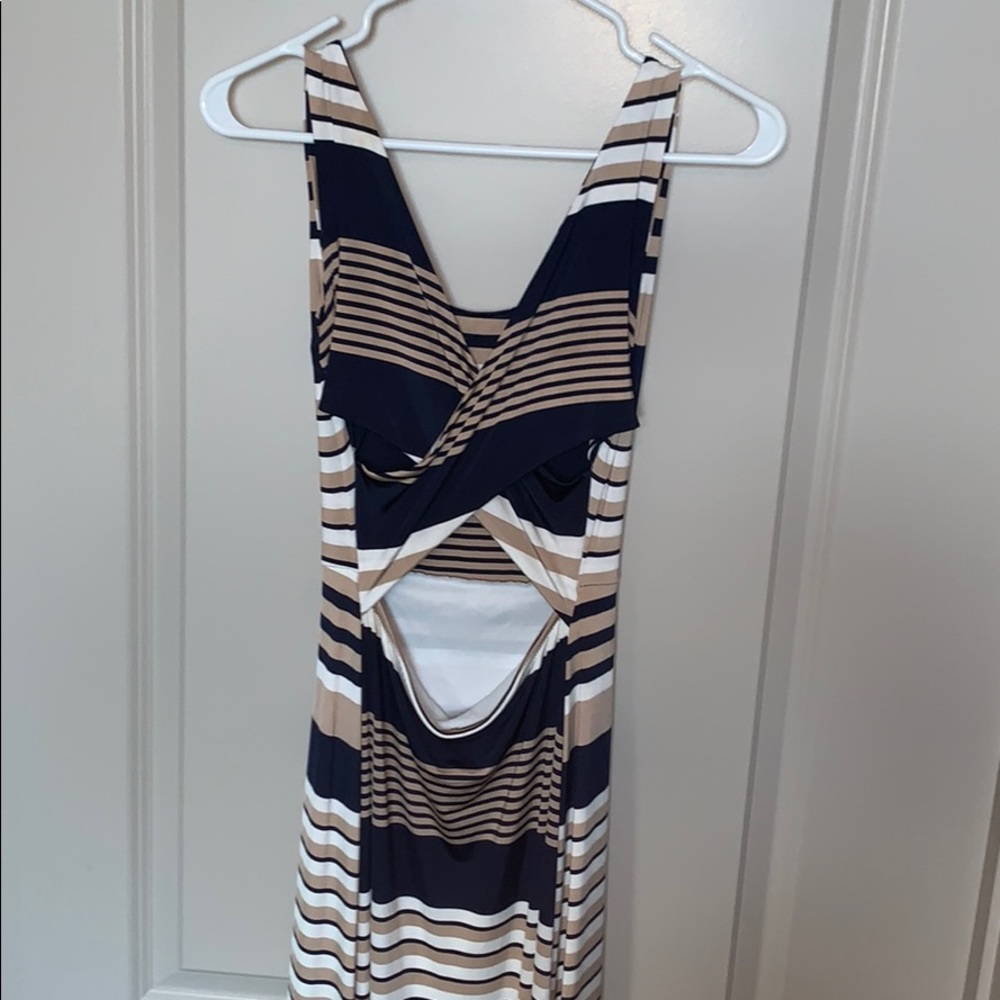 SELF Cross Back Backless Maxi Dress Tan/Wht/Blue - Picture 3 of 6